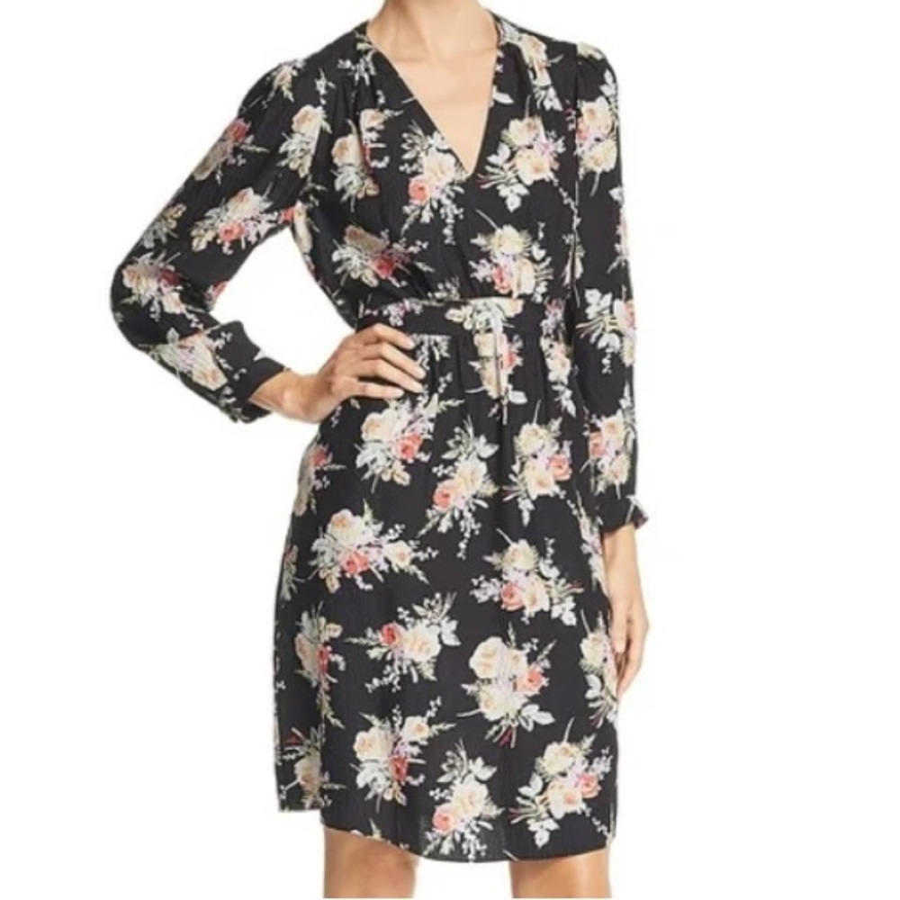Rebecca Taylor Silk Black Floral Print Long Sleeve Tie Waist Dress NWOT SZ‎ 14